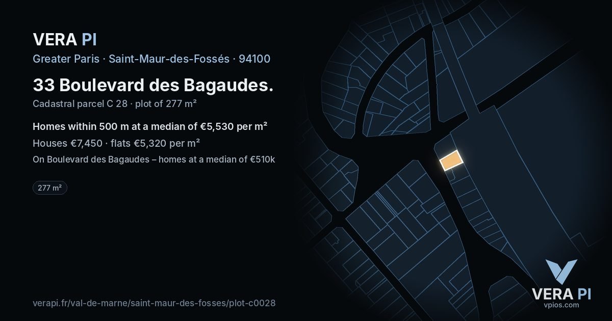 33 Boulevard des Bagaudes, Saint-Maur-des-Fossés at night – the plot lit, the parcels around coloured by the prices near them