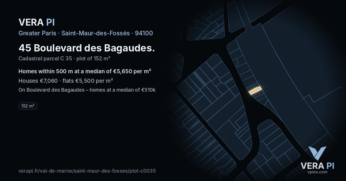 45 Boulevard des Bagaudes, Saint-Maur-des-Fossés at night – the plot lit, the parcels around coloured by the prices near them