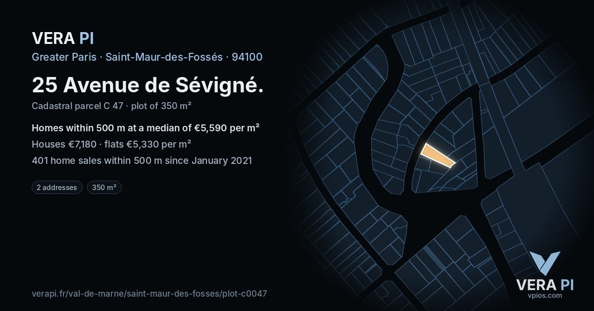 25 Avenue de Sévigné, Saint-Maur-des-Fossés at night – the plot lit, the parcels around coloured by the prices near them