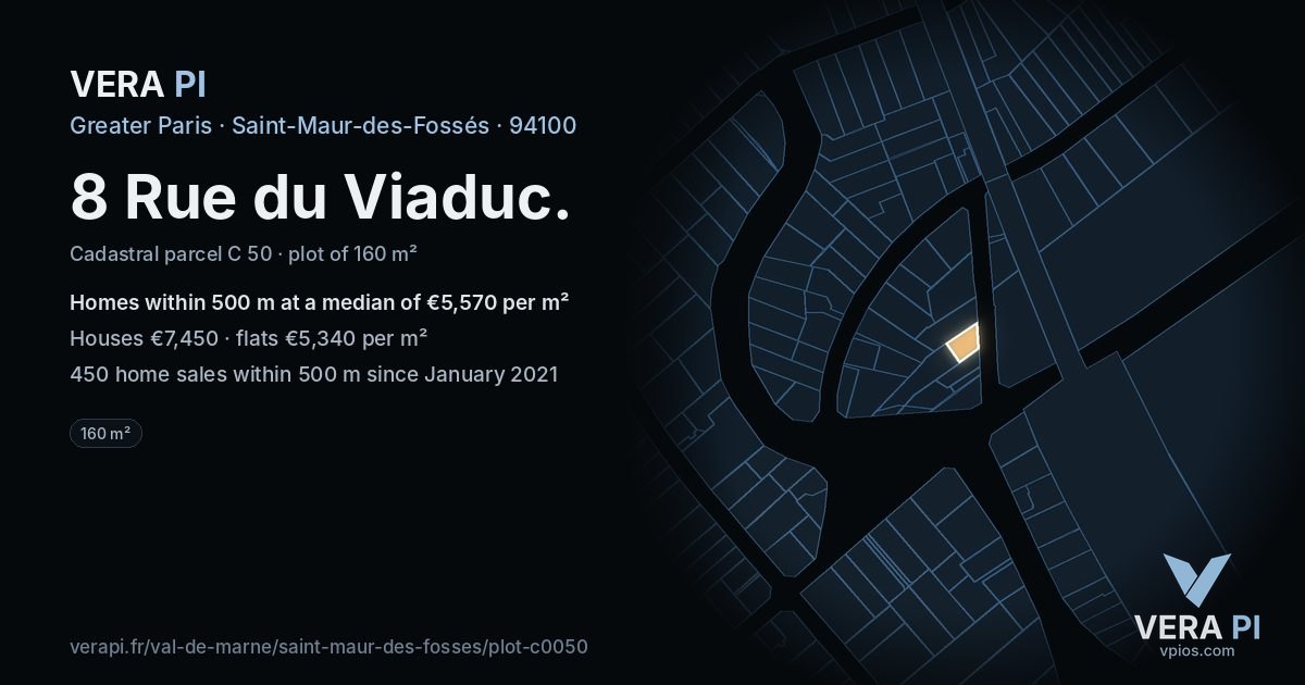 8 Rue du Viaduc, Saint-Maur-des-Fossés at night – the plot lit, the parcels around coloured by the prices near them