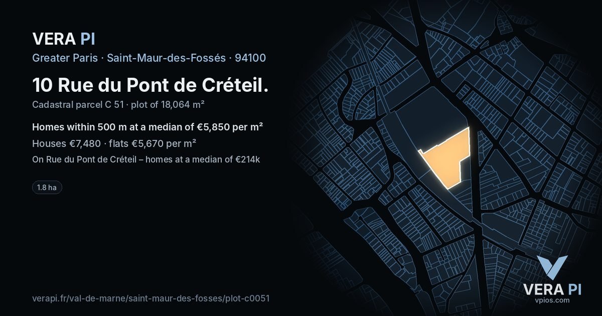 10 Rue du Pont de Créteil, Saint-Maur-des-Fossés at night – the plot lit, the parcels around coloured by the prices near them