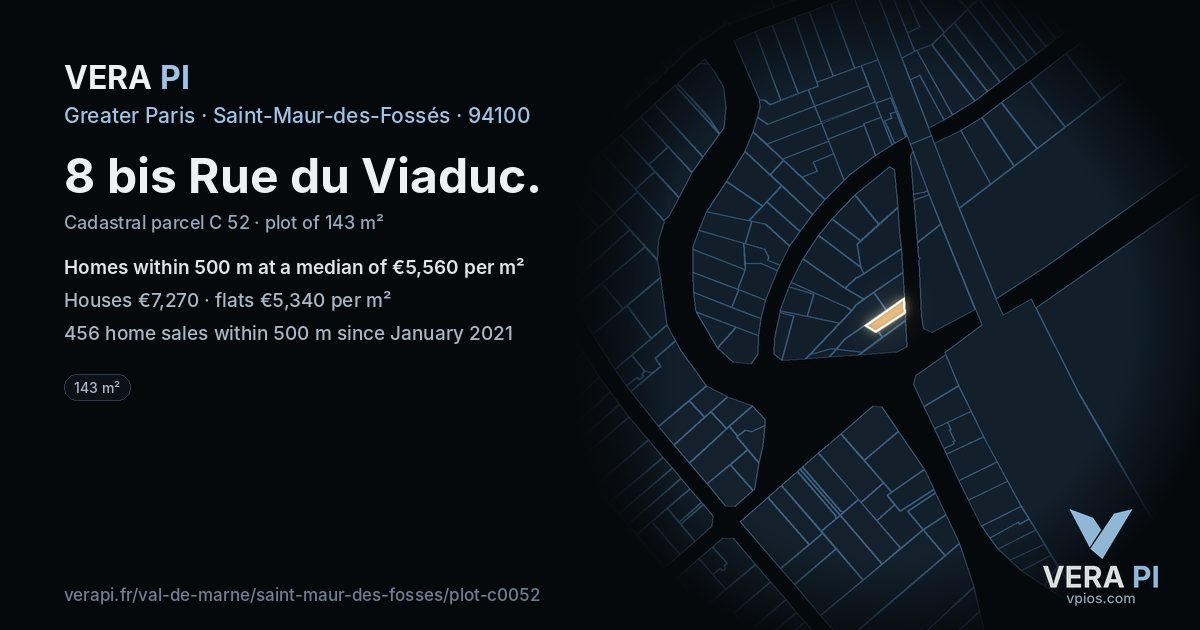 8 bis Rue du Viaduc, Saint-Maur-des-Fossés at night – the plot lit, the parcels around coloured by the prices near them