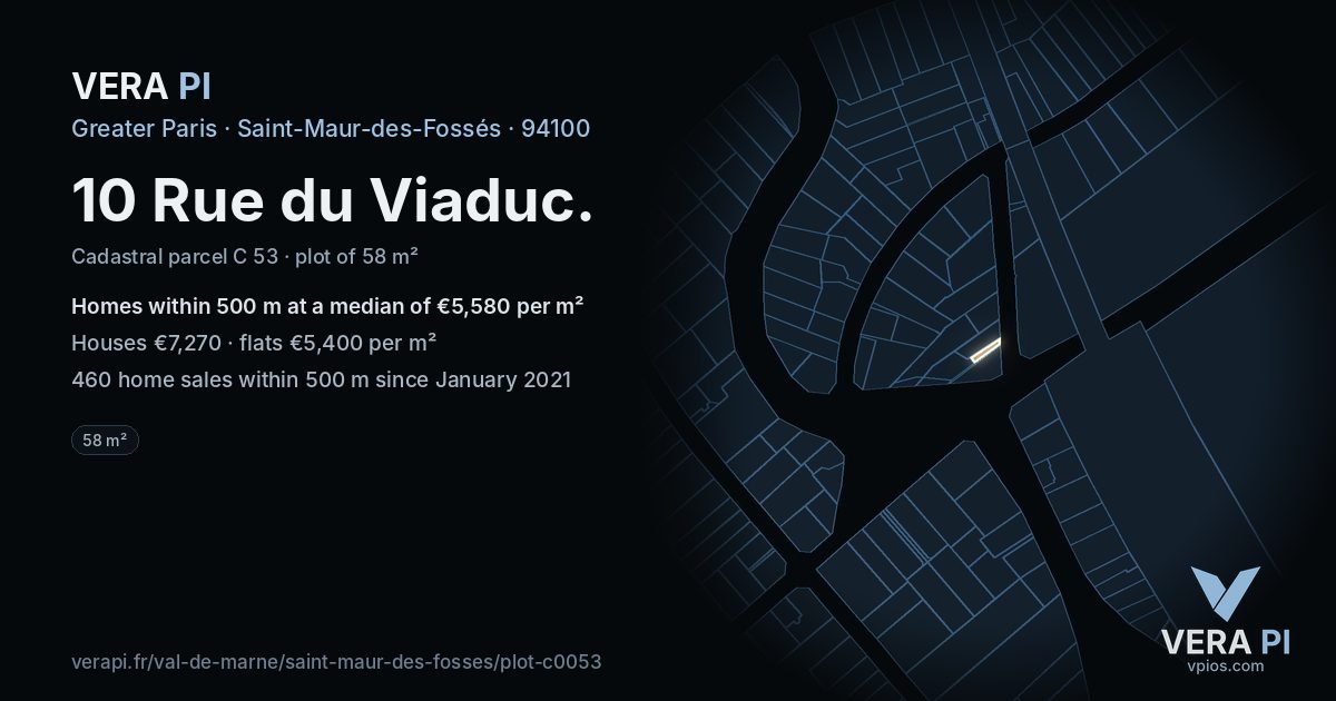 10 Rue du Viaduc, Saint-Maur-des-Fossés at night – the plot lit, the parcels around coloured by the prices near them