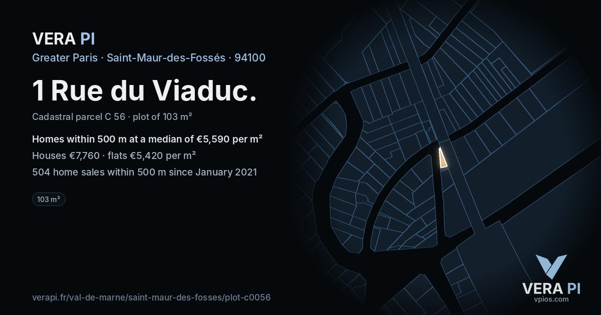 1 Rue du Viaduc, Saint-Maur-des-Fossés at night – the plot lit, the parcels around coloured by the prices near them