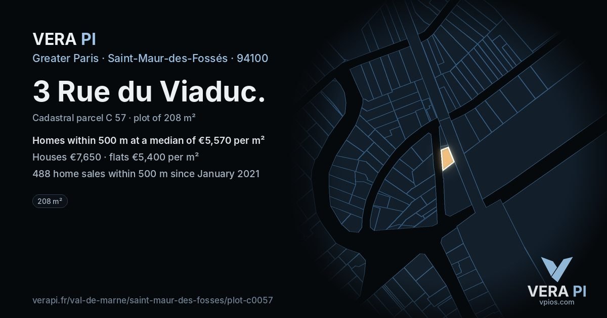 3 Rue du Viaduc, Saint-Maur-des-Fossés at night – the plot lit, the parcels around coloured by the prices near them