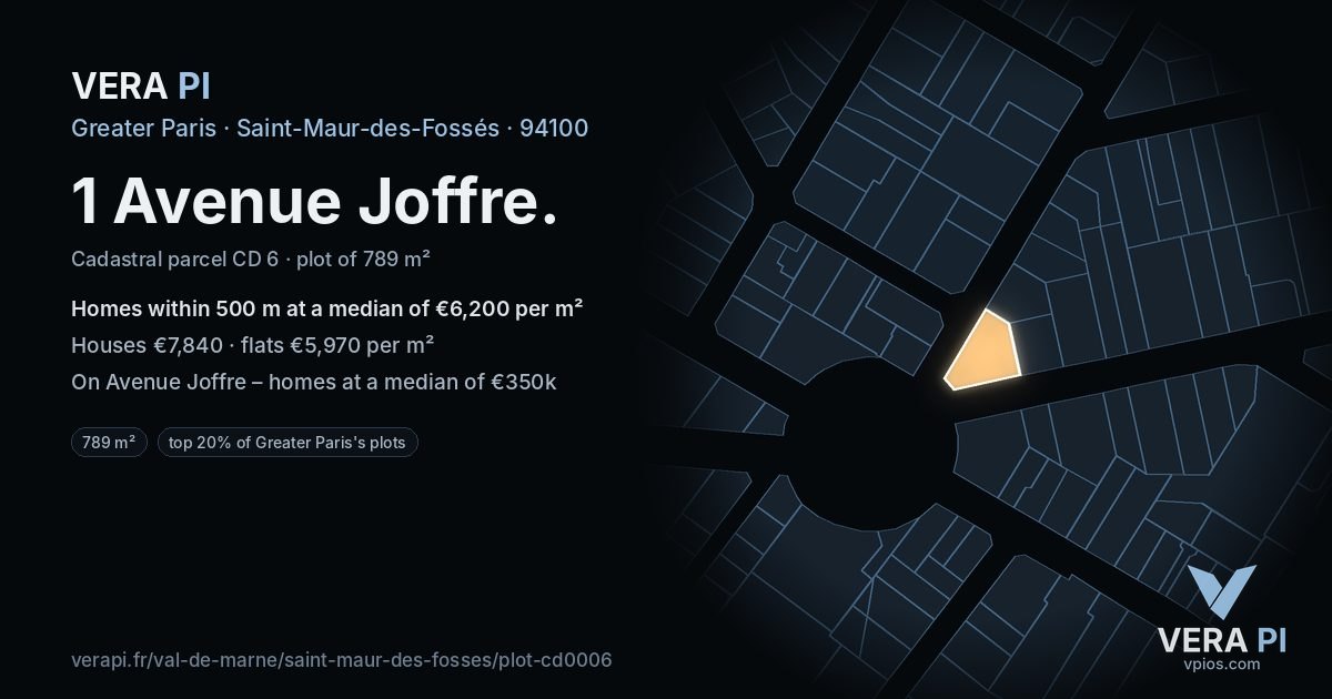 1 Avenue Joffre, Saint-Maur-des-Fossés at night – the plot lit, the parcels around coloured by the prices near them