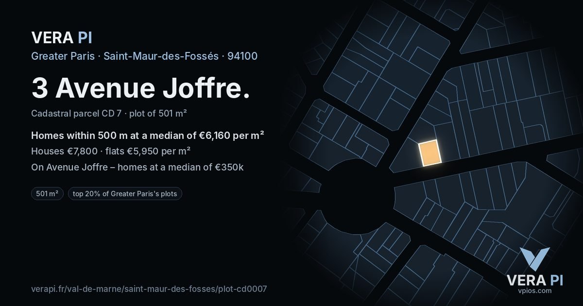 3 Avenue Joffre, Saint-Maur-des-Fossés at night – the plot lit, the parcels around coloured by the prices near them