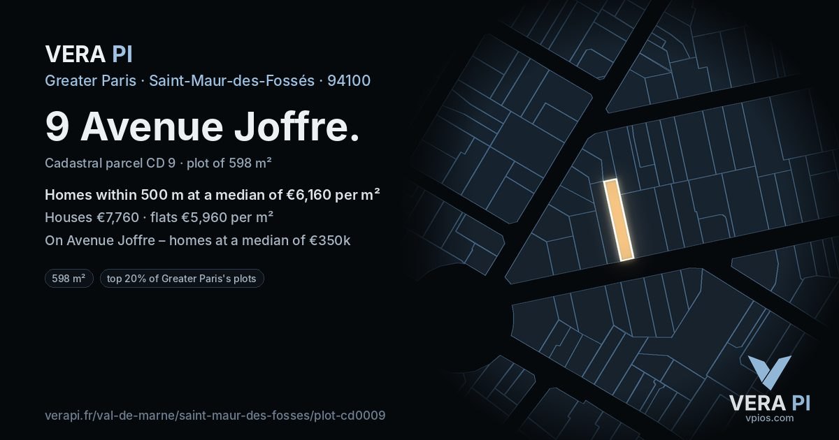 9 Avenue Joffre, Saint-Maur-des-Fossés at night – the plot lit, the parcels around coloured by the prices near them