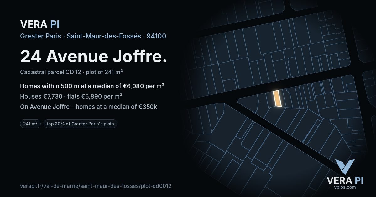 24 Avenue Joffre, Saint-Maur-des-Fossés at night – the plot lit, the parcels around coloured by the prices near them