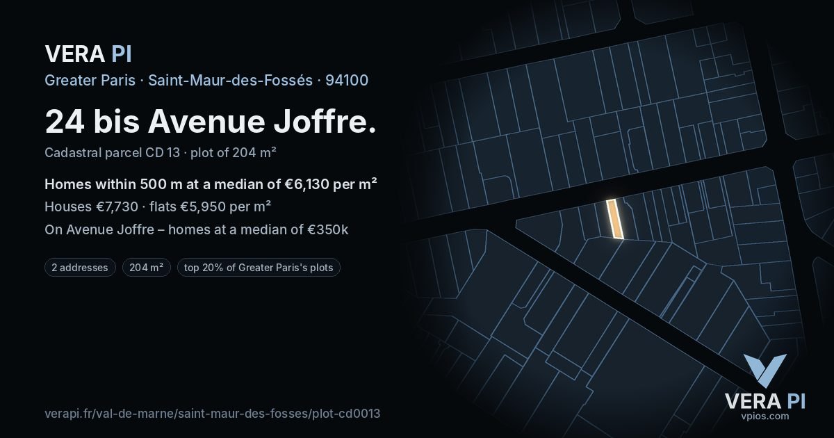 24 bis Avenue Joffre, Saint-Maur-des-Fossés at night – the plot lit, the parcels around coloured by the prices near them