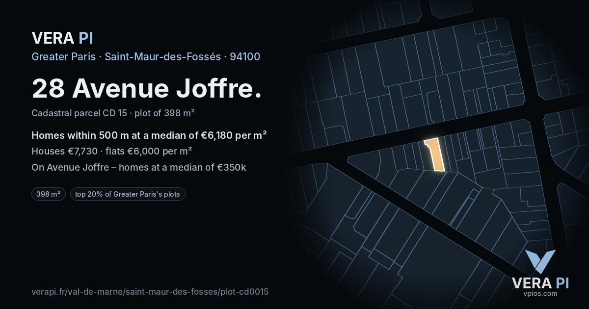 28 Avenue Joffre, Saint-Maur-des-Fossés at night – the plot lit, the parcels around coloured by the prices near them