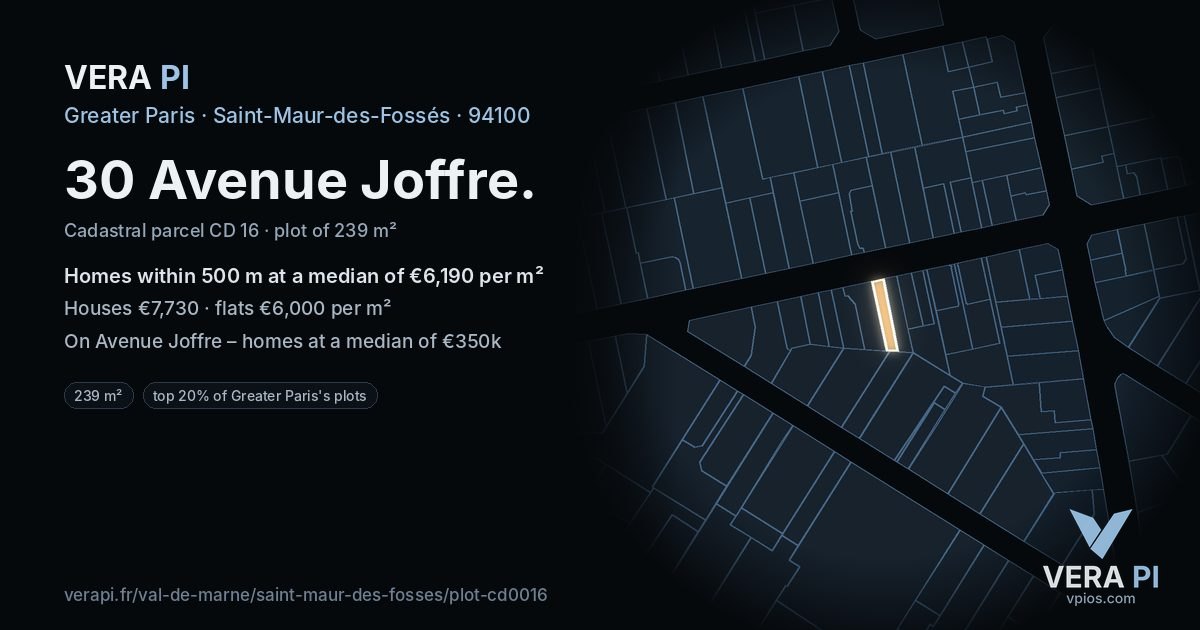 30 Avenue Joffre, Saint-Maur-des-Fossés at night – the plot lit, the parcels around coloured by the prices near them