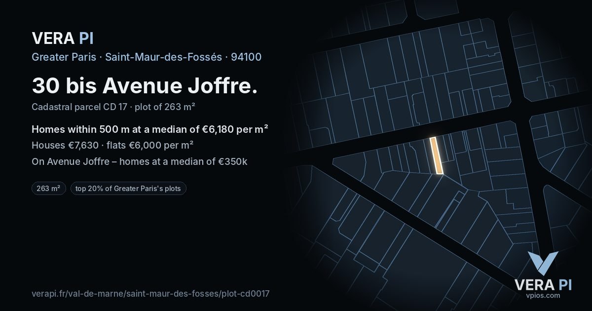 30 bis Avenue Joffre, Saint-Maur-des-Fossés at night – the plot lit, the parcels around coloured by the prices near them