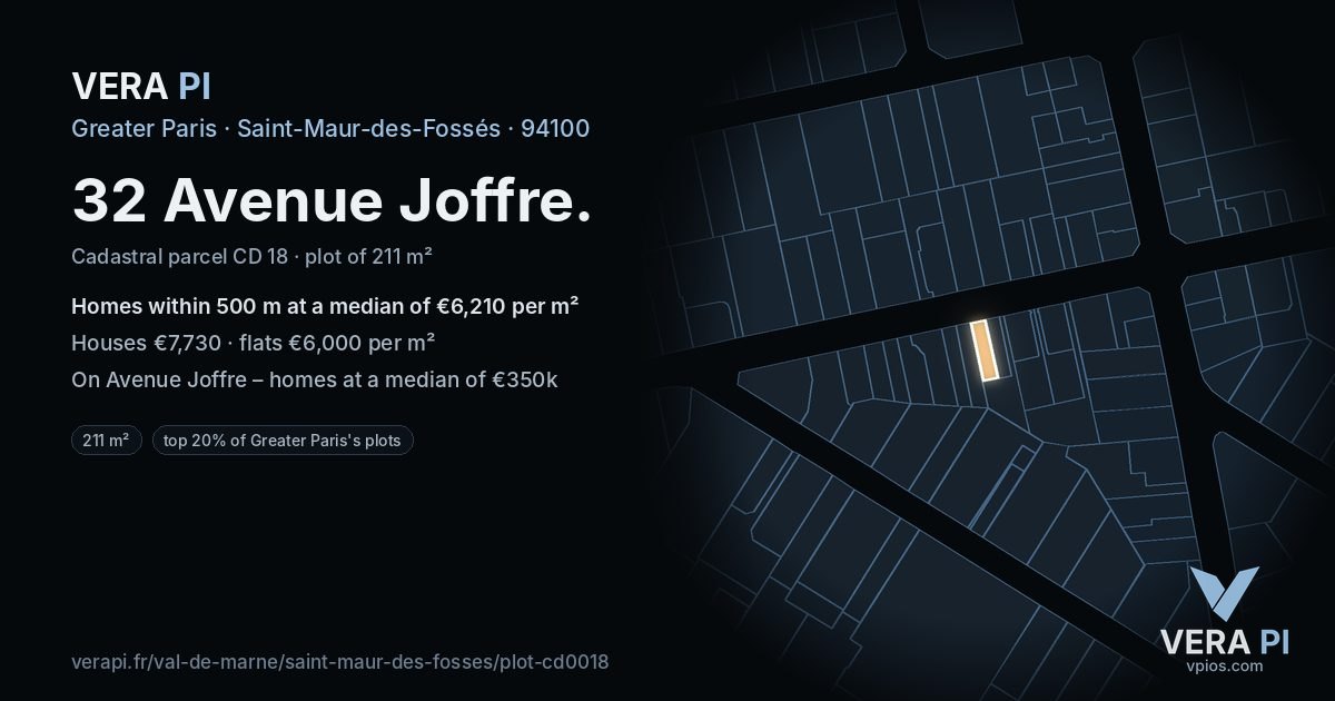 32 Avenue Joffre, Saint-Maur-des-Fossés at night – the plot lit, the parcels around coloured by the prices near them
