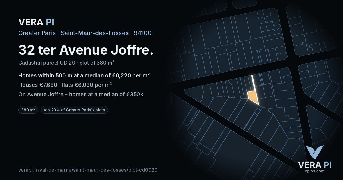 32 ter Avenue Joffre, Saint-Maur-des-Fossés at night – the plot lit, the parcels around coloured by the prices near them