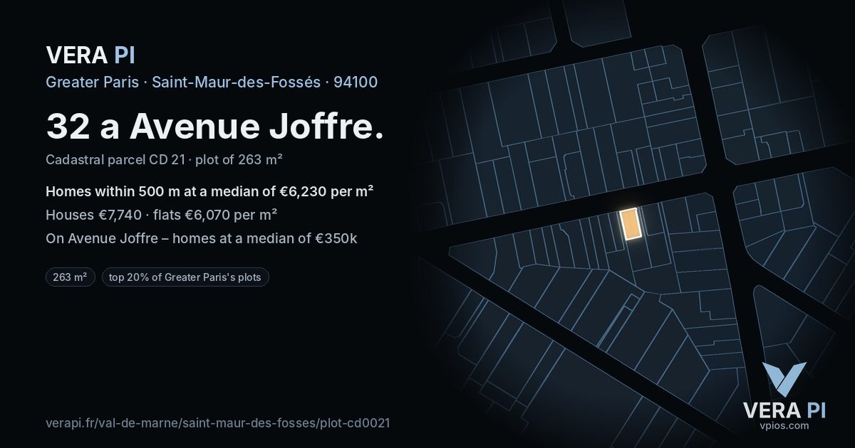 32 a Avenue Joffre, Saint-Maur-des-Fossés at night – the plot lit, the parcels around coloured by the prices near them