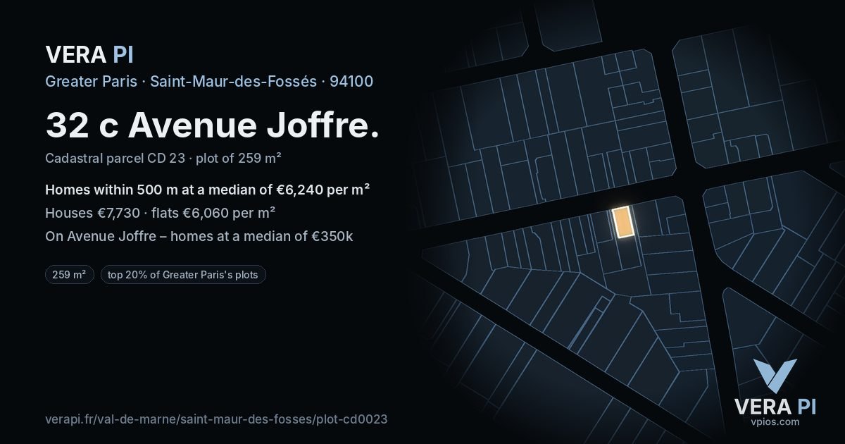 32 c Avenue Joffre, Saint-Maur-des-Fossés at night – the plot lit, the parcels around coloured by the prices near them