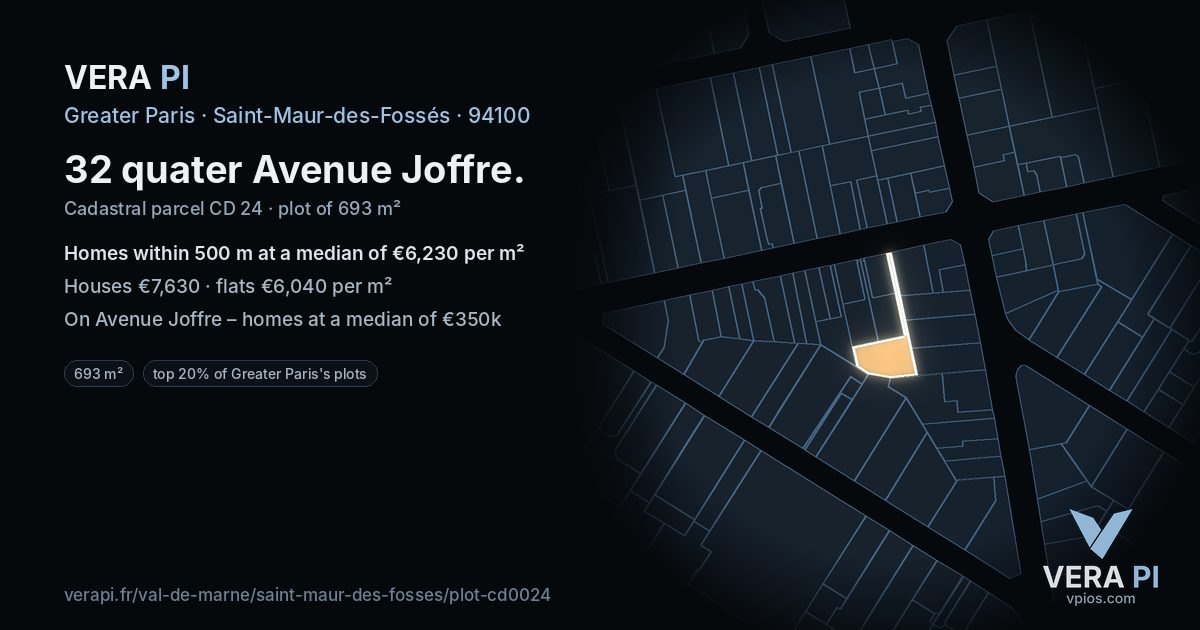 32 quater Avenue Joffre, Saint-Maur-des-Fossés at night – the plot lit, the parcels around coloured by the prices near them