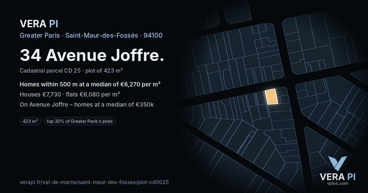 34 Avenue Joffre, Saint-Maur-des-Fossés at night – the plot lit, the parcels around coloured by the prices near them