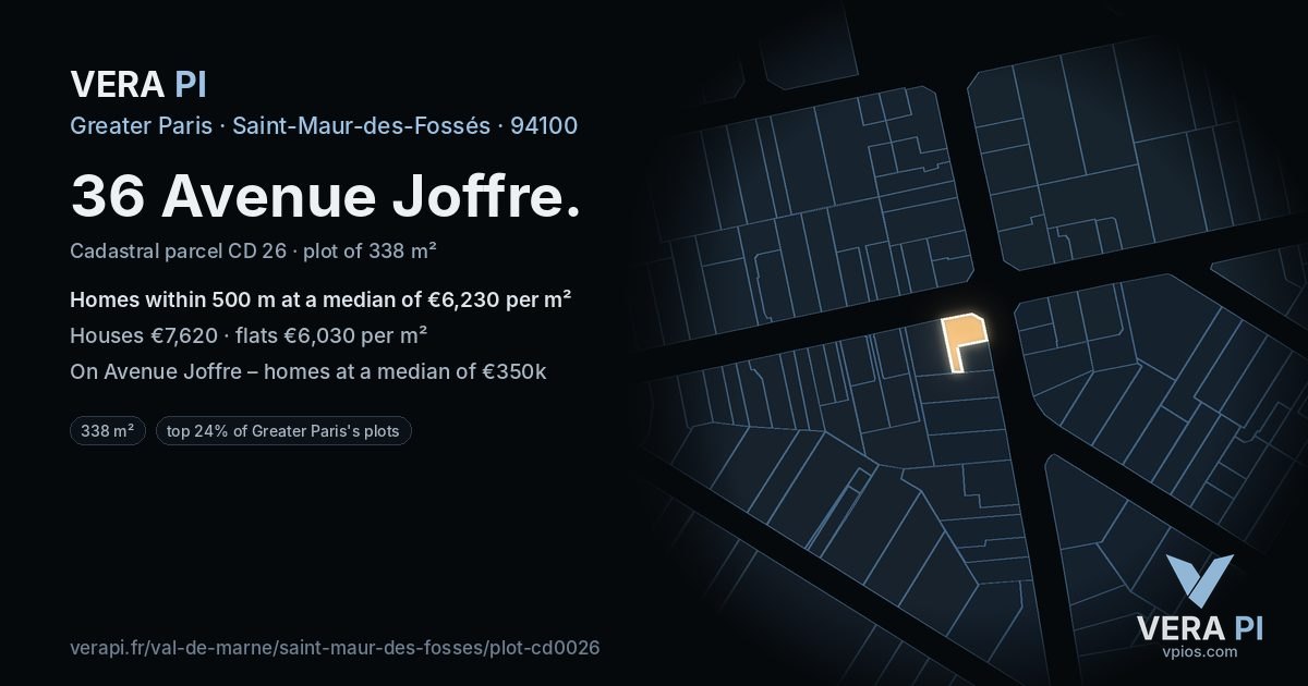 36 Avenue Joffre, Saint-Maur-des-Fossés at night – the plot lit, the parcels around coloured by the prices near them