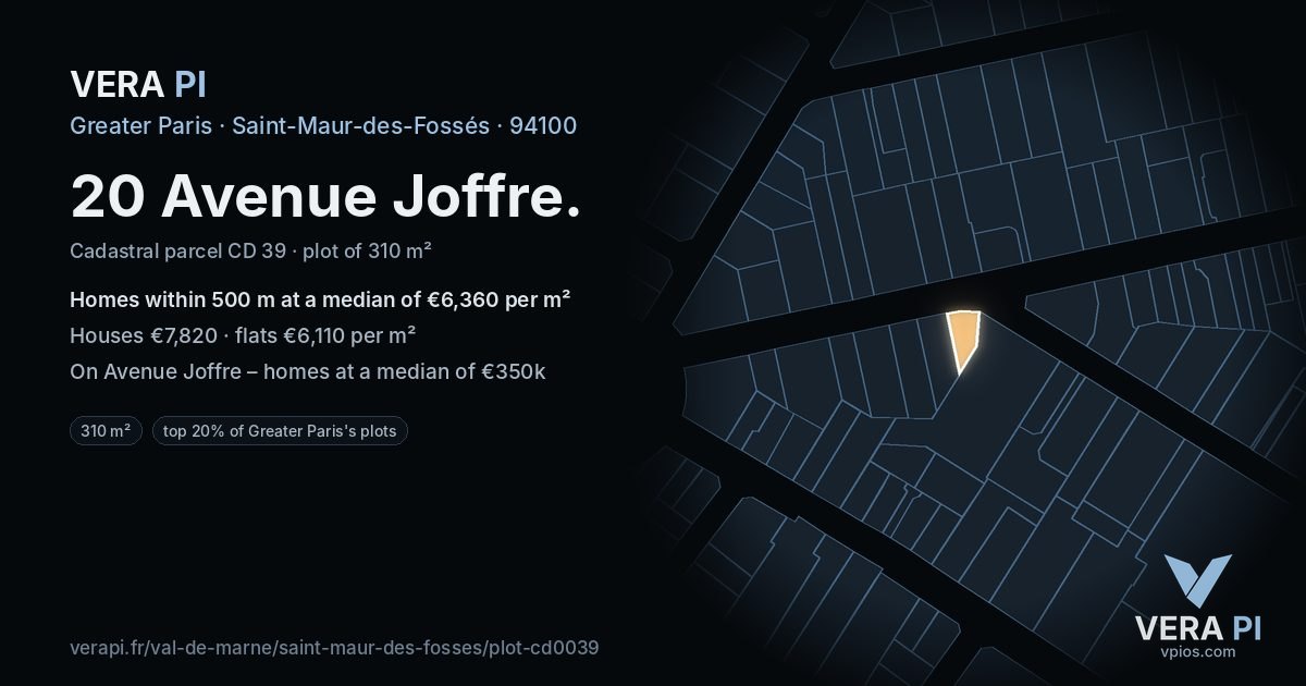 20 Avenue Joffre, Saint-Maur-des-Fossés at night – the plot lit, the parcels around coloured by the prices near them