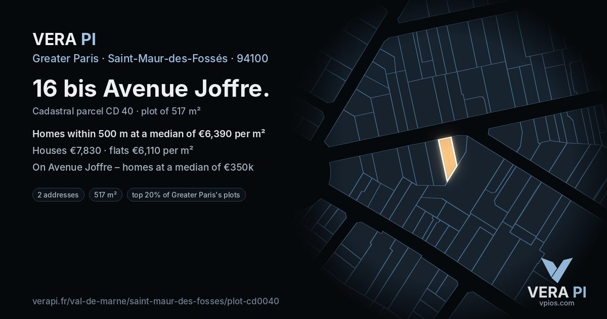 16 bis Avenue Joffre, Saint-Maur-des-Fossés at night – the plot lit, the parcels around coloured by the prices near them