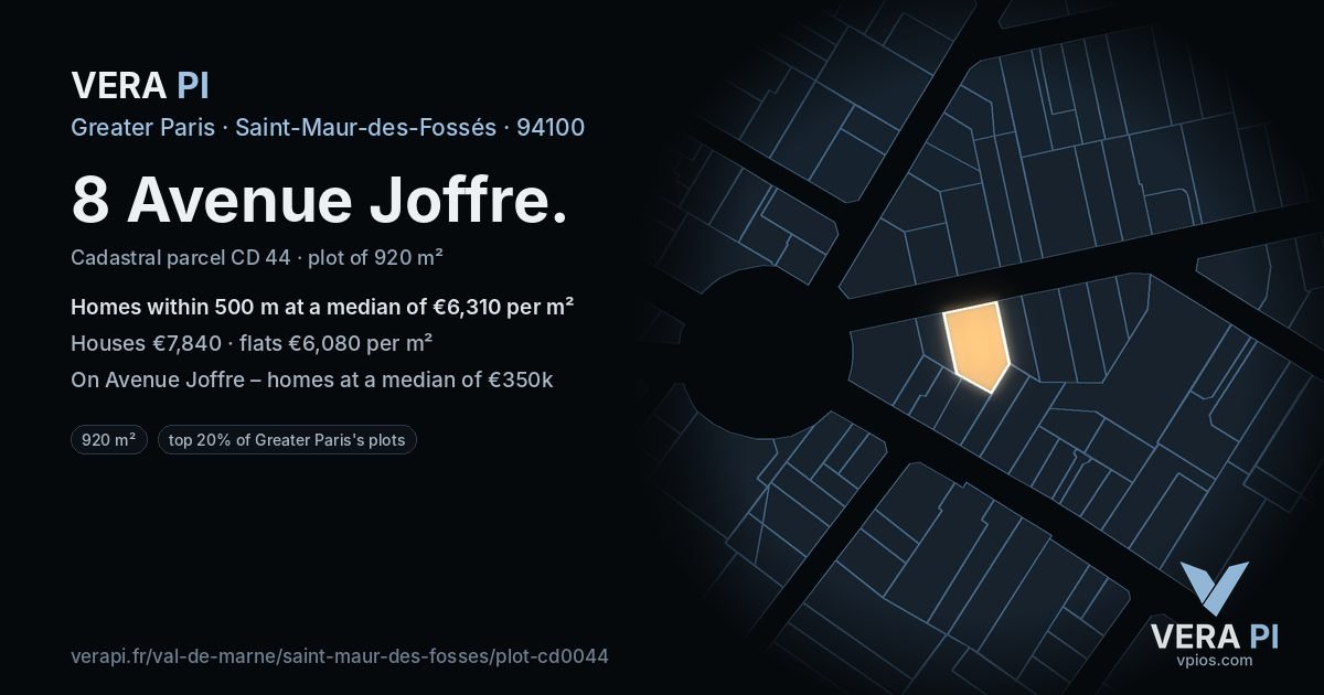 8 Avenue Joffre, Saint-Maur-des-Fossés at night – the plot lit, the parcels around coloured by the prices near them