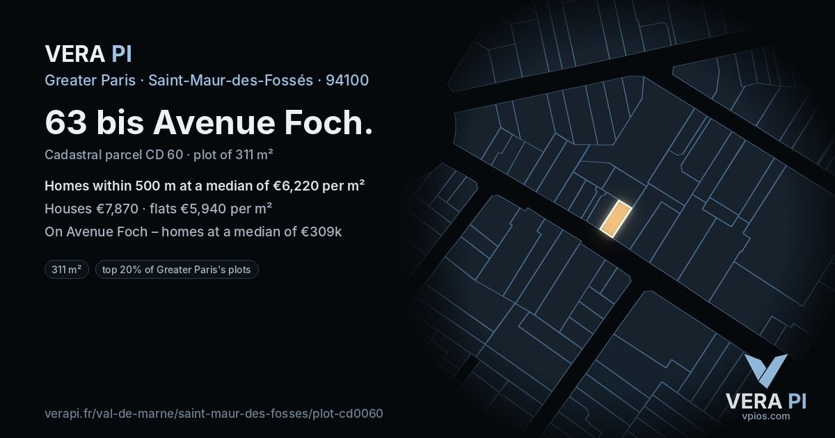 63 bis Avenue Foch, Saint-Maur-des-Fossés at night – the plot lit, the parcels around coloured by the prices near them