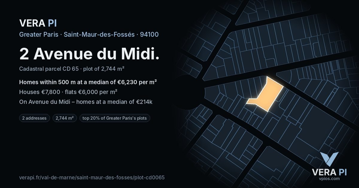 2 Avenue du Midi, Saint-Maur-des-Fossés at night – the plot lit, the parcels around coloured by the prices near them
