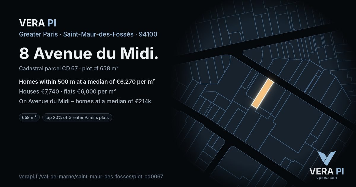 8 Avenue du Midi, Saint-Maur-des-Fossés at night – the plot lit, the parcels around coloured by the prices near them