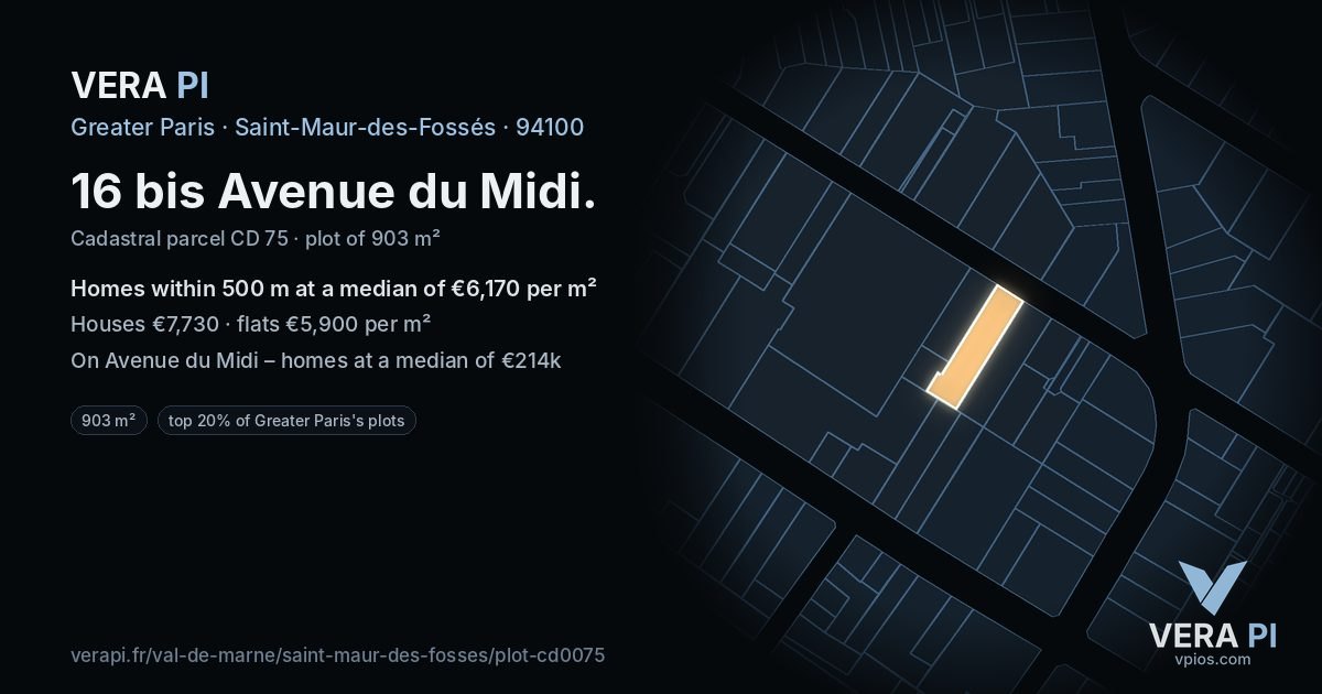 16 bis Avenue du Midi, Saint-Maur-des-Fossés at night – the plot lit, the parcels around coloured by the prices near them