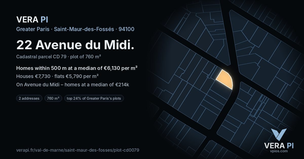 22 Avenue du Midi, Saint-Maur-des-Fossés at night – the plot lit, the parcels around coloured by the prices near them