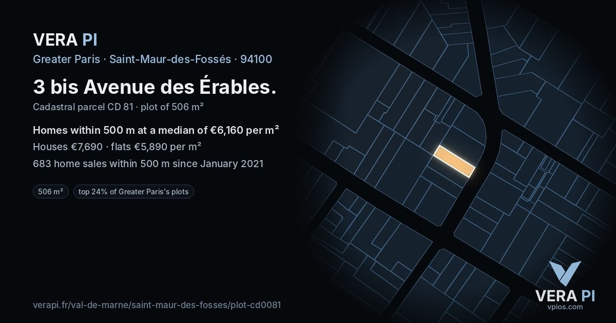3 bis Avenue des Érables, Saint-Maur-des-Fossés at night – the plot lit, the parcels around coloured by the prices near them