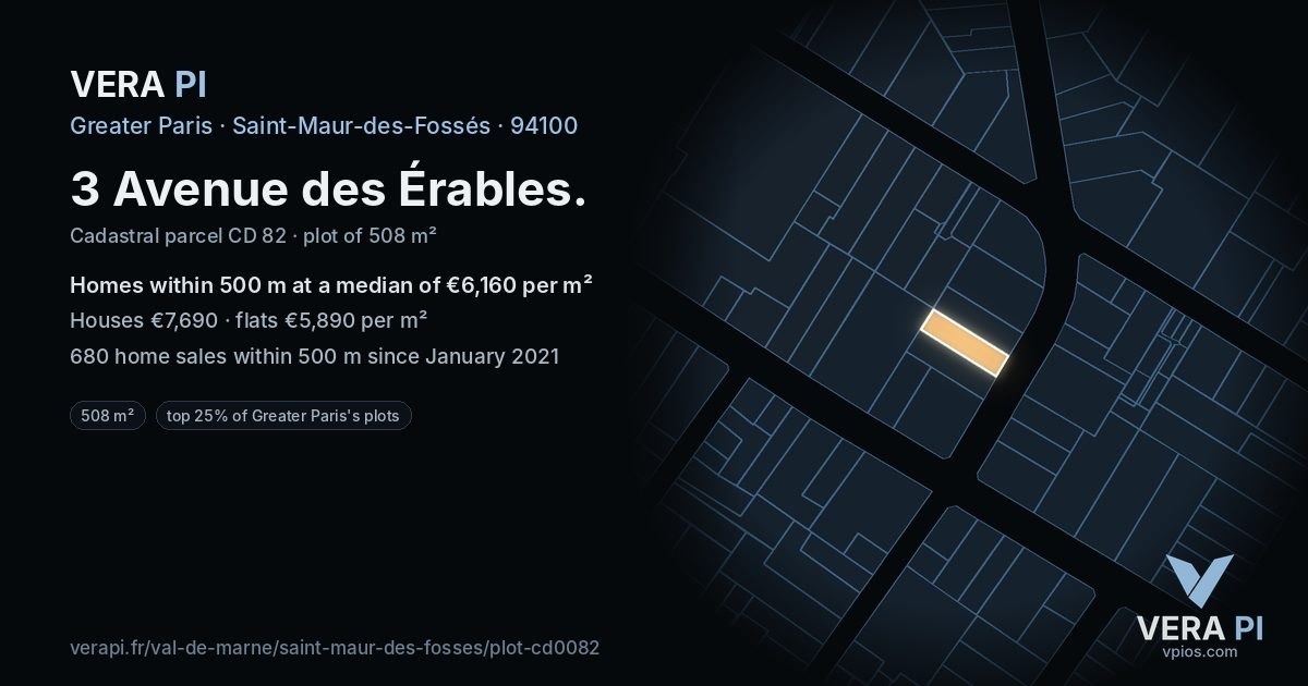 3 Avenue des Érables, Saint-Maur-des-Fossés at night – the plot lit, the parcels around coloured by the prices near them