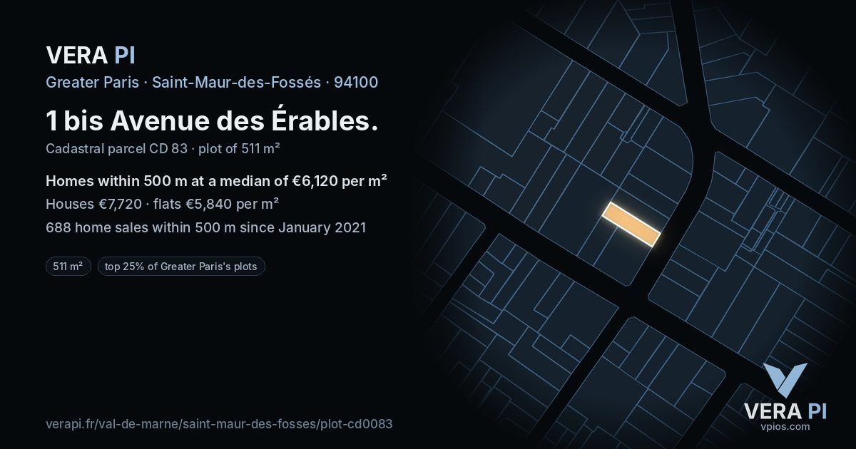 1 bis Avenue des Érables, Saint-Maur-des-Fossés at night – the plot lit, the parcels around coloured by the prices near them