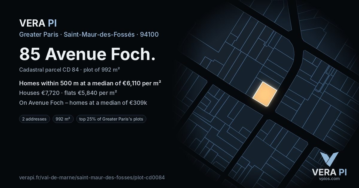 85 Avenue Foch, Saint-Maur-des-Fossés at night – the plot lit, the parcels around coloured by the prices near them