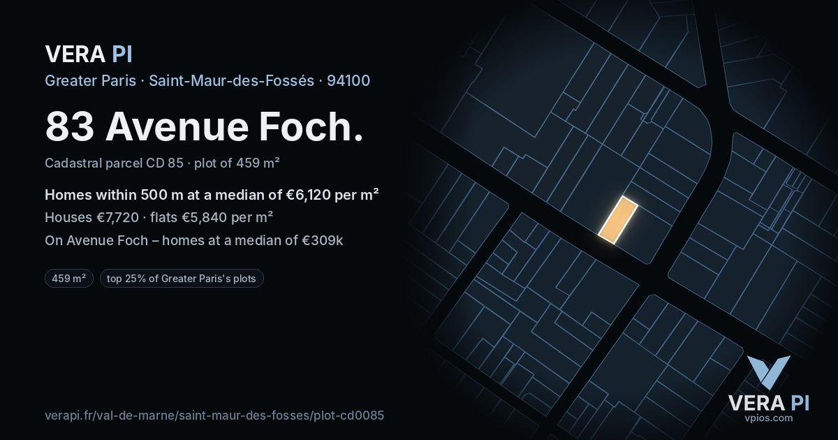 83 Avenue Foch, Saint-Maur-des-Fossés at night – the plot lit, the parcels around coloured by the prices near them