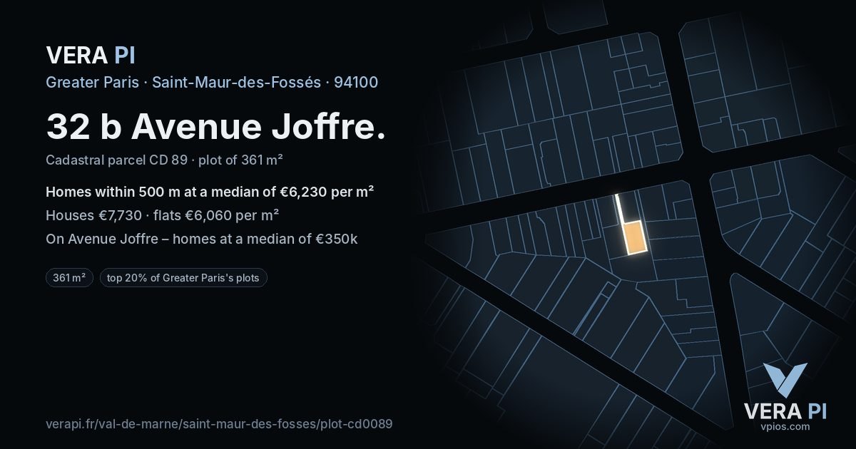 32 b Avenue Joffre, Saint-Maur-des-Fossés at night – the plot lit, the parcels around coloured by the prices near them