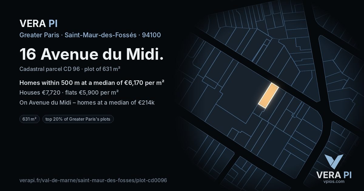 16 Avenue du Midi, Saint-Maur-des-Fossés at night – the plot lit, the parcels around coloured by the prices near them
