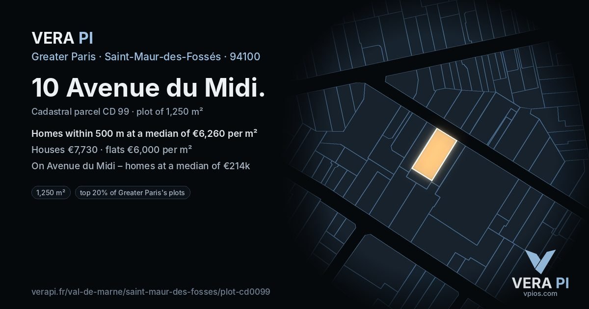 10 Avenue du Midi, Saint-Maur-des-Fossés at night – the plot lit, the parcels around coloured by the prices near them