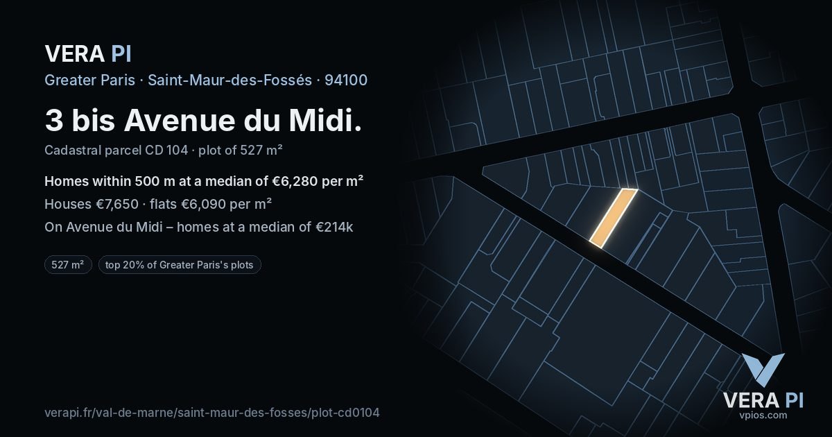 3 bis Avenue du Midi, Saint-Maur-des-Fossés at night – the plot lit, the parcels around coloured by the prices near them