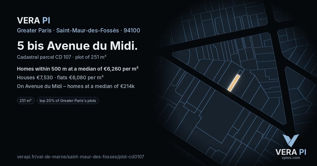 5 bis Avenue du Midi, Saint-Maur-des-Fossés at night – the plot lit, the parcels around coloured by the prices near them
