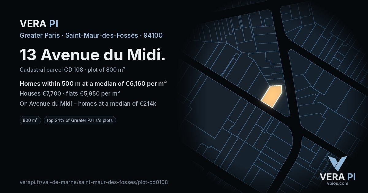 13 Avenue du Midi, Saint-Maur-des-Fossés at night – the plot lit, the parcels around coloured by the prices near them