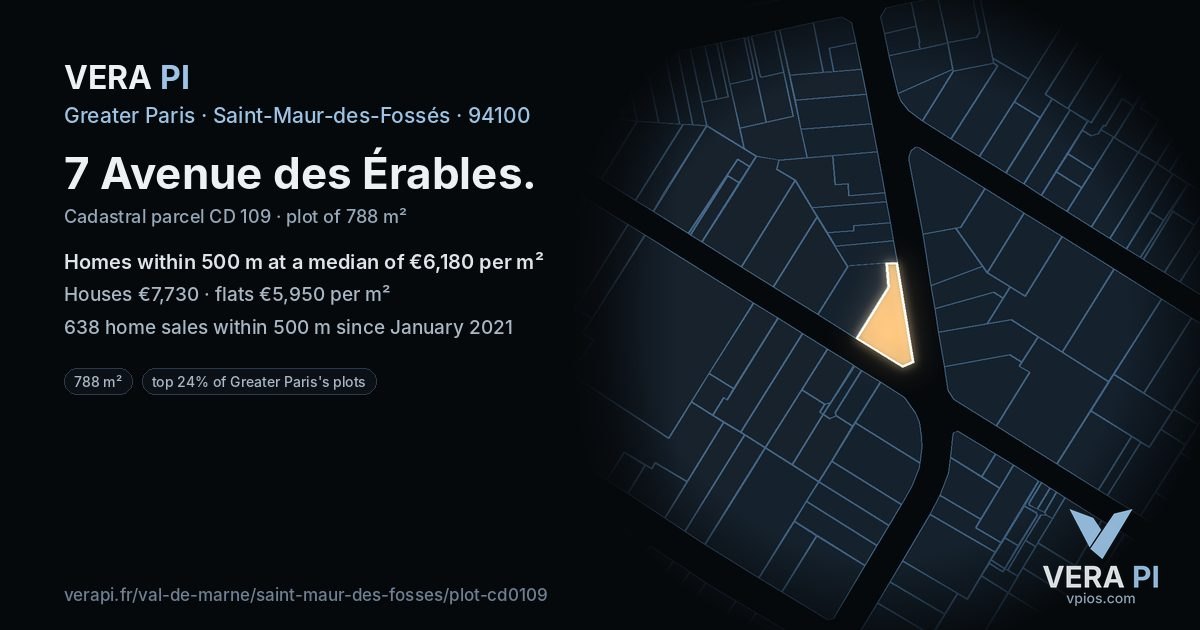 7 Avenue des Érables, Saint-Maur-des-Fossés at night – the plot lit, the parcels around coloured by the prices near them