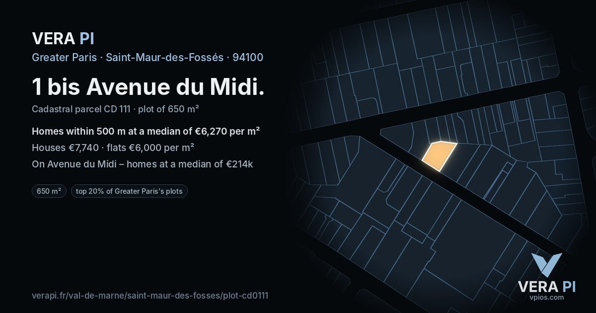 1 bis Avenue du Midi, Saint-Maur-des-Fossés at night – the plot lit, the parcels around coloured by the prices near them