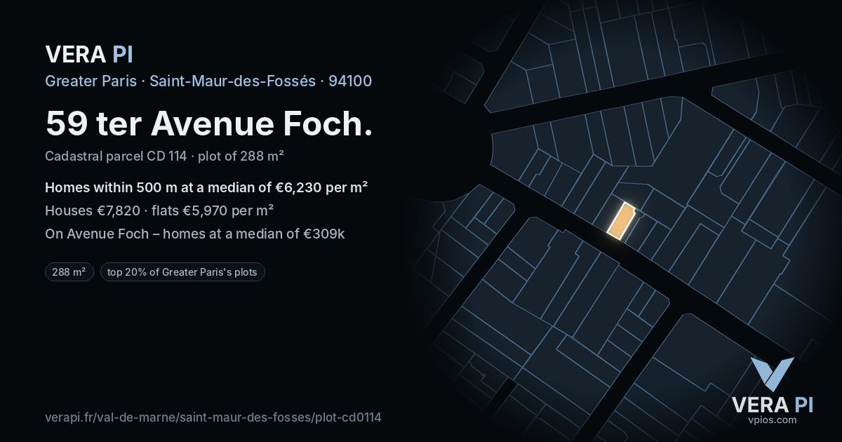 59 ter Avenue Foch, Saint-Maur-des-Fossés at night – the plot lit, the parcels around coloured by the prices near them