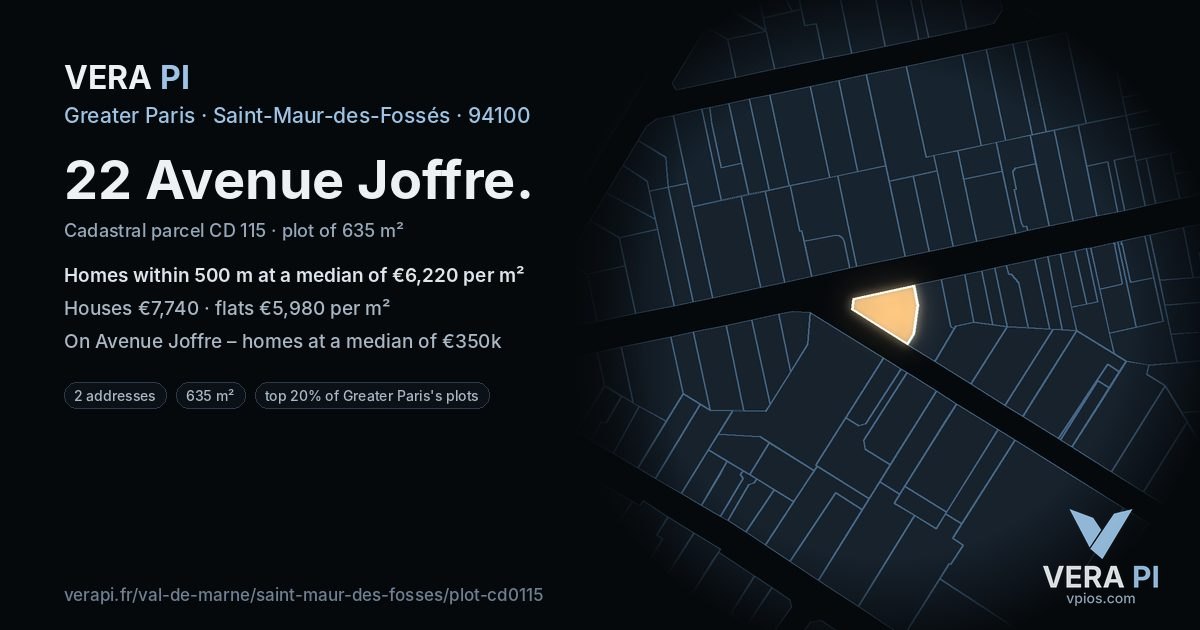 22 Avenue Joffre, Saint-Maur-des-Fossés at night – the plot lit, the parcels around coloured by the prices near them