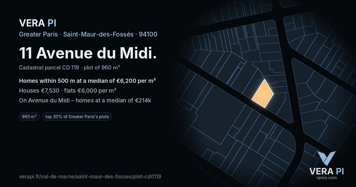 11 Avenue du Midi, Saint-Maur-des-Fossés at night – the plot lit, the parcels around coloured by the prices near them