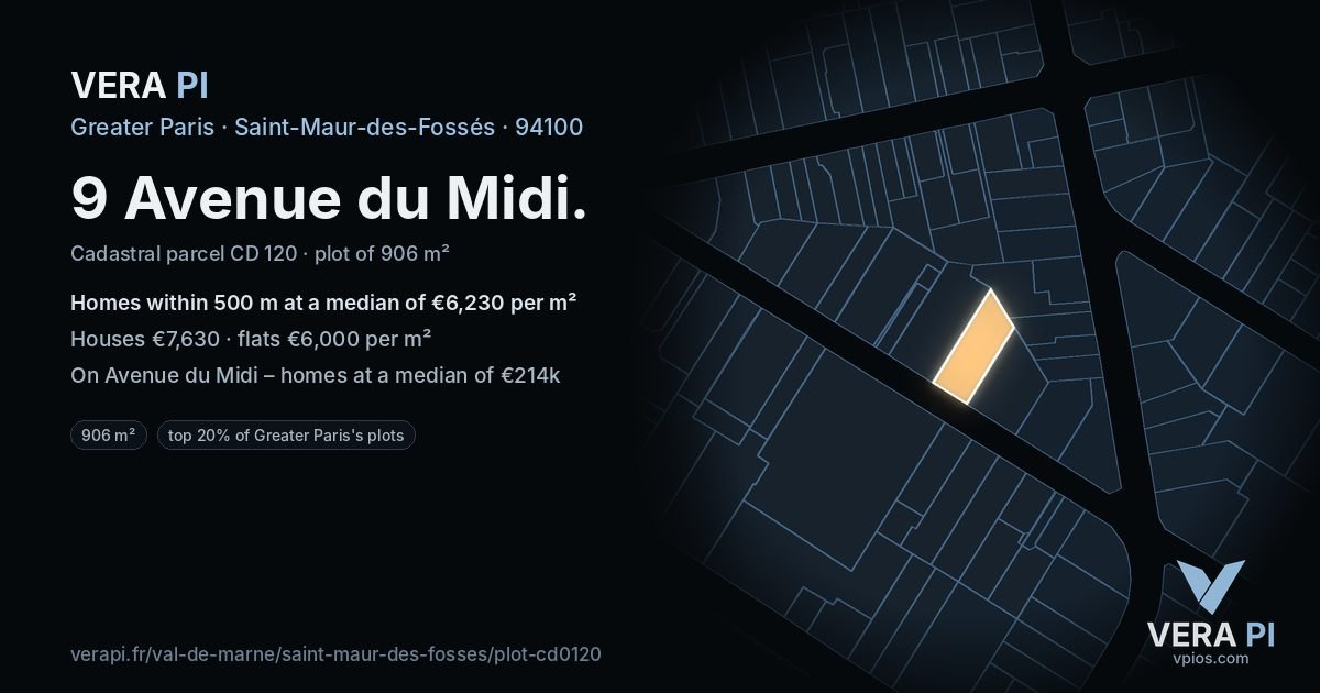9 Avenue du Midi, Saint-Maur-des-Fossés at night – the plot lit, the parcels around coloured by the prices near them