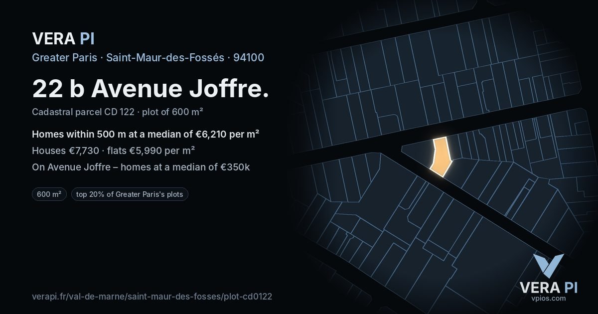22 b Avenue Joffre, Saint-Maur-des-Fossés at night – the plot lit, the parcels around coloured by the prices near them